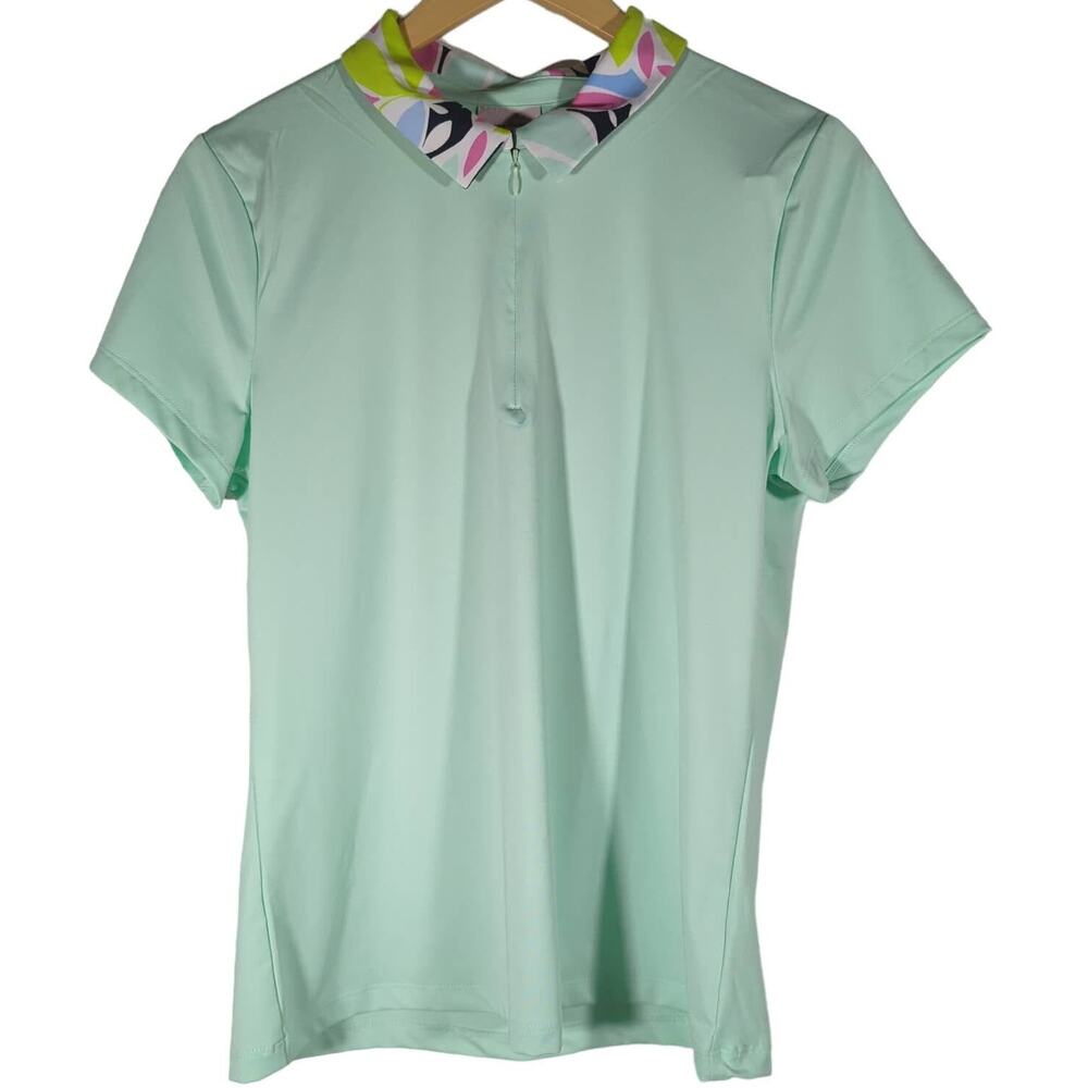 Tommy Bahama Golf Womens Polo Shirt Mint Green Floral Collar 1/4 Zip UPF 50 L
